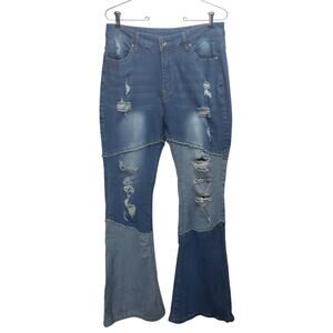 Two‑Tone Blue Flare Jeans L High Rise Stretch Raw Hem Distressed Details